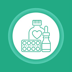 Pill bottle drops and blister color button icon. Pharmaceutical product.