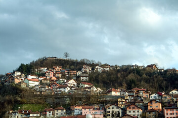 Fototapeta na wymiar Panorama of the hills of Hrdic, Jarcedoli and bistrik brijeg in Sarajevo, Bosnia and Herzegovina, wit houses and residential buildings, These are major spots of the center of the city...