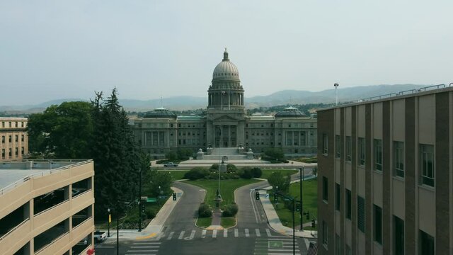 Boise Captial Building Drone Shot with Mountains