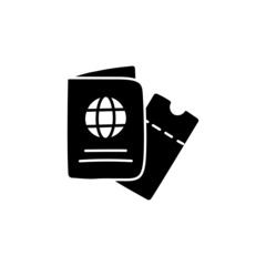 Passport and travel ticket vacation icon in solid black flat shape glyph icon, isolated on white background 