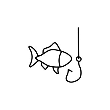 Fishing and hook icon in flat black line style, isolated on white background 