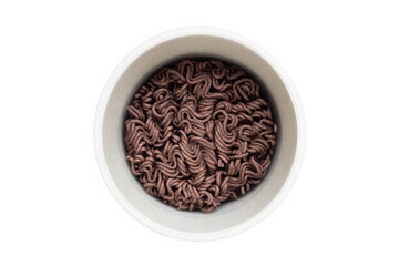dry black instant noodles in the cup isolated on white background