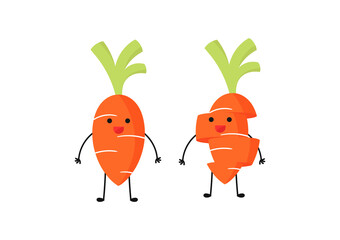 illustration of a carrot vegetable character with a cheerful, funny and adorable face, with two types of carrot designs, one of which is sliced