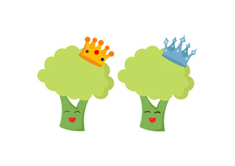 Broccoli vegetable king and queen character illustration with a cheerful, cute and adorable face