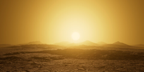 Hazy Glowing Sun Over 3D rendered Desert Landscape