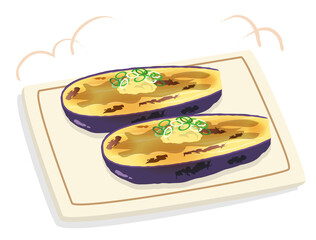 お皿に盛りつけられた焼きナスのイラスト