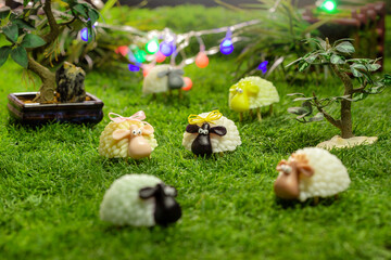 A group of sheep in the barn can be use for Eid Al Adha greeting card