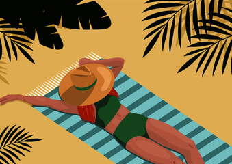 Kobieta opalająca się na plaży. Widok z góry szczupłej rudej dziewczyny w zielonym bikini i kapeluszu leżącej na ręczniku w paski. Sportowa sylwetka. Letnia wakacyjna ilustracja wektorowa.