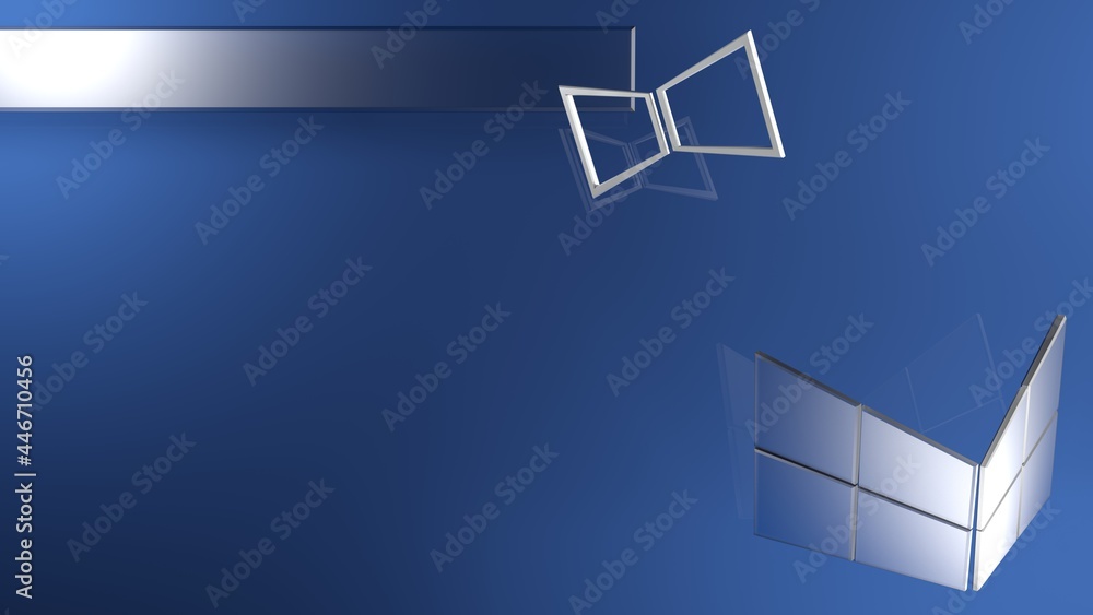 Poster blue background with glass icon on bottom right corner and glass stripe for a title - 3d rendering i