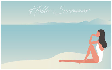 Hello summer concept, woman sitting on the beach vector illustration. Summer holidays beach background