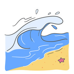 Big wave on the beach. Hand drawn illustration for summer time vacation