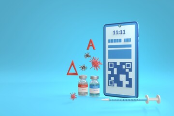 Mobile phone applications QR code scanning system to access medical treatment and get vaccinated for COVID-19 with blue phone,vaccine bottle,syringe on gradient blue background.3D rendering