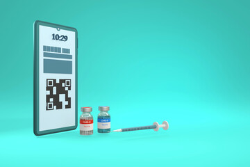 Mobile phone applications QR code scanning system to access medical treatment and get vaccinated for COVID-19 with green phone,vaccine bottle,syringe on gradient green background.3D rendering