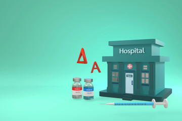 Green hospital building with bottle of delta alpha covid-19 vaccine and syringe on gradient green background.3D rendering