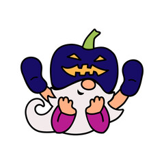 Adorable gnome with Halloween pumpkin on white background. Vector illustration.
