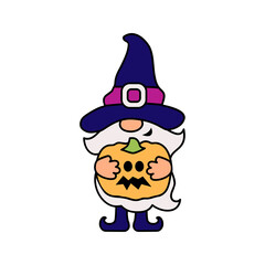 Gnome with witch hat and Halloween pumpkin on white background. Vector illustration.
