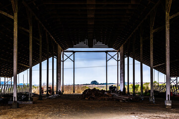 inside an abandoned farm with trees, dry grass field, and mountains in California 