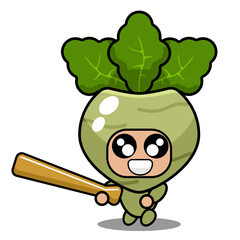 vector cartoon character cute kohlrabi vegetable mascot holding baseball bat