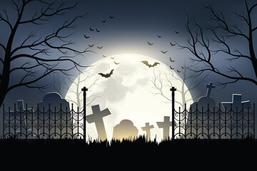 Halloween Cemetery in the night of the full moon and a flock of flying bats background.Illustrator Vector.