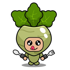 cute kohlrabi mascot vegetable cartoon character vector wants to eat holding spoon and fork