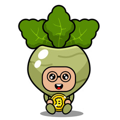 cute kohlrabi mascot vegetable cartoon character vector sitting hugging bitcoin