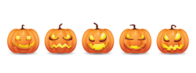 Set pumpkin on white background. Orange pumpkin with scary face for your design for the holiday Halloween. Vector illustration.
