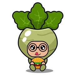 cute kohlrabi mascot vegetable cartoon character vector sitting eating burger