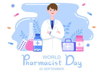 World Pharmacists Day Which Is Held on September 25th. Doctor, Medicine and Pills Concept. For Background, Banner or Poster Landing Page Vector Illustration