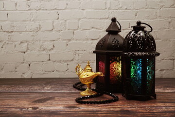 Ramadan Lantern Arabic decoration on wooden background