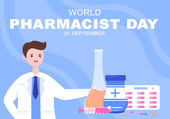 World Pharmacists Day Which Is Held on September 25th. Doctor, Medicine and Pills Concept. For Background, Banner or Poster Landing Page Vector Illustration