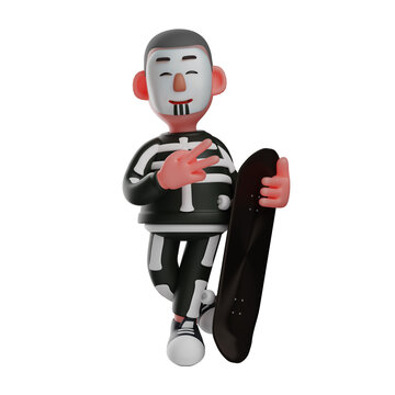 Skeleton Boy 3D Cartoon Illustration holding a skateboard
