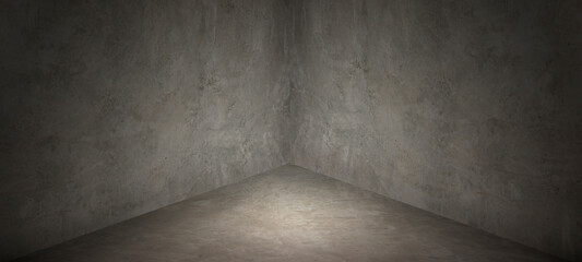 Empty corner room with grey concrete wall and floor background, a mockup studio room for display or montage of product