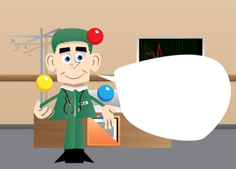 Funny cartoon doctor juggler. Vector illustration. Funny health care worker.