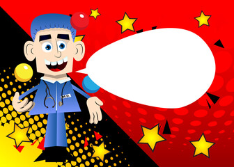 Funny cartoon doctor juggler. Vector illustration. Funny health care worker.