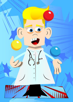 Funny cartoon doctor juggler. Vector illustration. Funny health care worker.