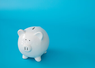 finance saving money, withe isolate piggy bank on blue background 