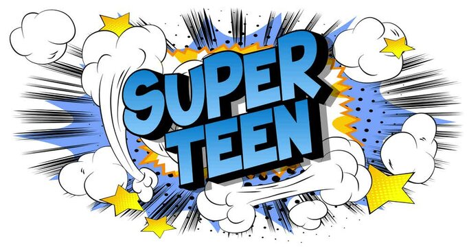 4k animated Super Teen text on comic book background with changing colors. Retro pop art comic style social media post, motion poster.