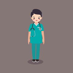 Smiley male nurse with clipboard and stethoscope. Doctor professional team cartoon art illustration. doctor and nurse vector