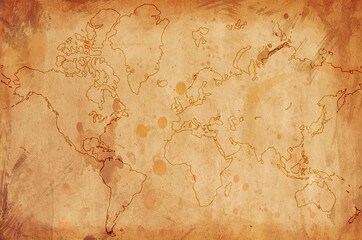 Old vintage paper world map with texture background with outline
