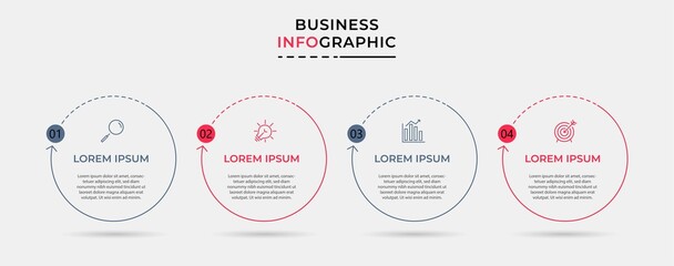 Minimal Business Infographics template. Timeline with 4 steps, options and marketing icons .Vector linear infographic with two circle conected elements. Can be use for presentation.