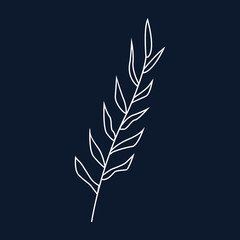 White leaf outline for the logo. Branch of a  plant isolated on a blue background. The sheet is hand-drawn, an element for design decoration, creative trend art pictures. Vector illustration.