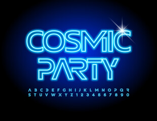 Vector event poster Cosmic Party. Futuristic electric Font. Blue neon Alphabet Letters and Numbers set