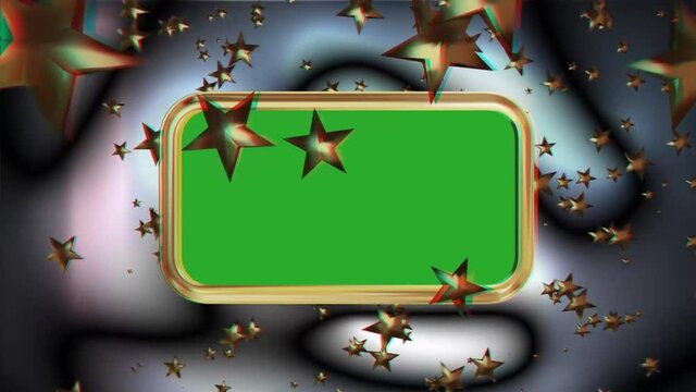 Golden stars spin but stay in the same position with a swirling black white background and a green rectangular banner with rounded edges and gold frame.