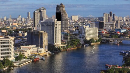 aerial panoramic landscape view of urban area with Chao Phraya River in Bangkok, Thailand