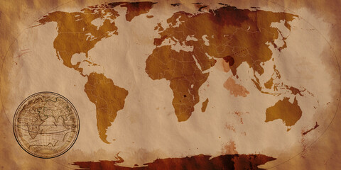 Old vintage grunge cartography world map textured background brown paper bag stain