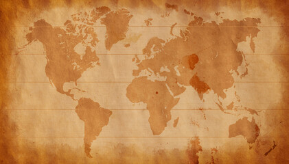 Old vintage grunge world map with texture background brown paper bag stain