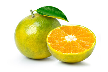 Tangerine (clementine) orange fruit with green leaf  on white