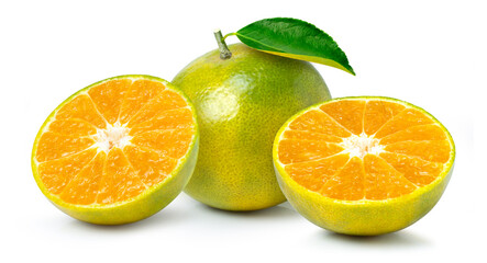 Tangerine (clementine) orange fruit with green leaf on white