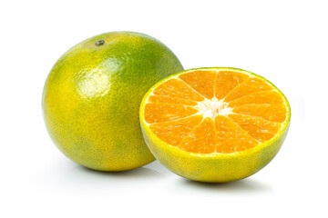 Tangerine (clementine) orange fruit and cut in half slice isolated on white background. 