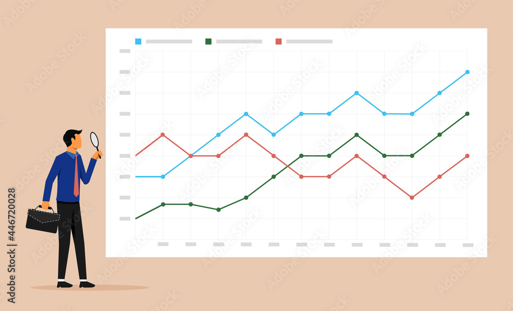 Poster businessman analyzing growth chart symbol with magnifying glass. business data analysis and monitori